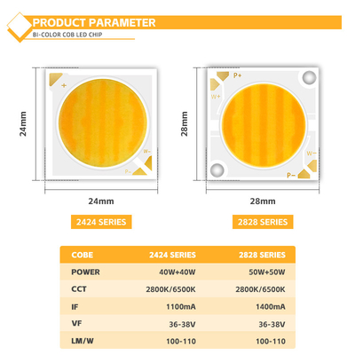 50W+50W ডিমমেবল COB 2700k+6500k চিপ 28*28mm 1400mA Ra95 হাই পাওয়ার LED ডায়োড ডাউনলাইট/ওয়াশ লাইটের জন্য