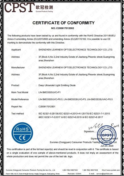 চীন Shenzhen Learnew Optoelectronics Technology Co., Ltd. সার্টিফিকেশন